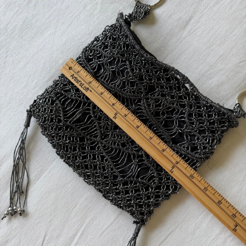 Y2K Gunmetal Metallic Crochet Mesh Crossbody Bag Fringe‎ Tassels Broken Ring